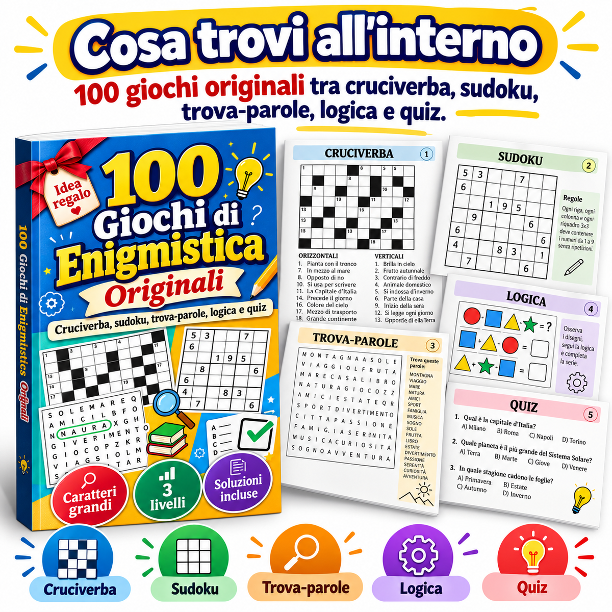 Meno Schermo, Più Mente – Libro di Enigmistica per Adulti con 100 Giochi